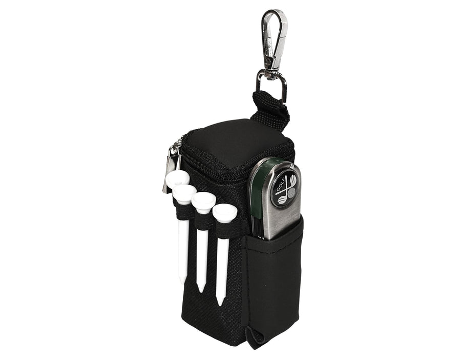Tournament Golf Pack - A black golf accessories pouch with a clip, featuring space for tees and a ball marker.