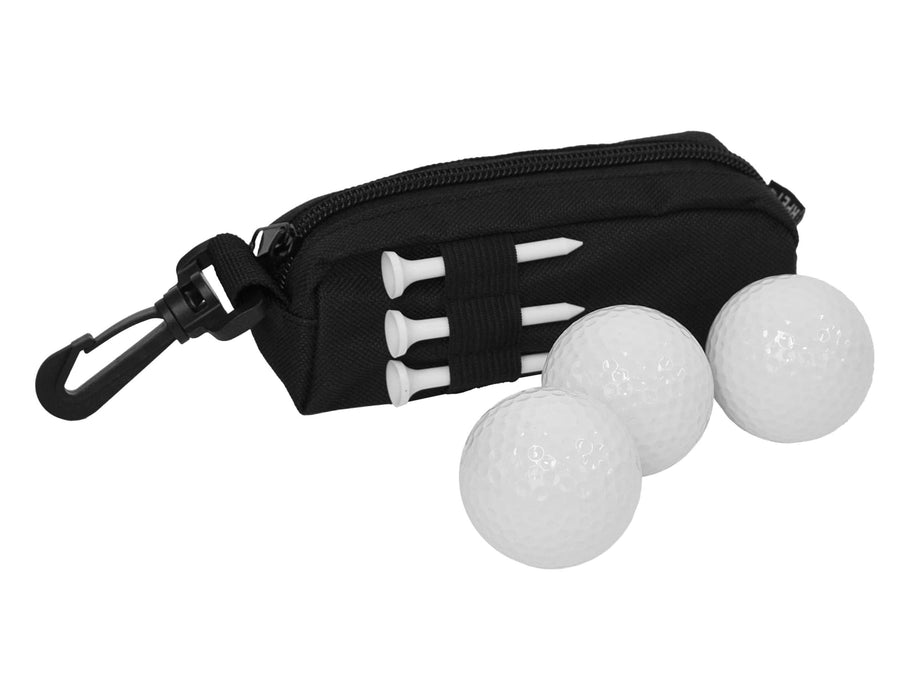 Links Golf Pack - A black pouch with three white golf balls and four golf tees, featuring a clip for attachment.