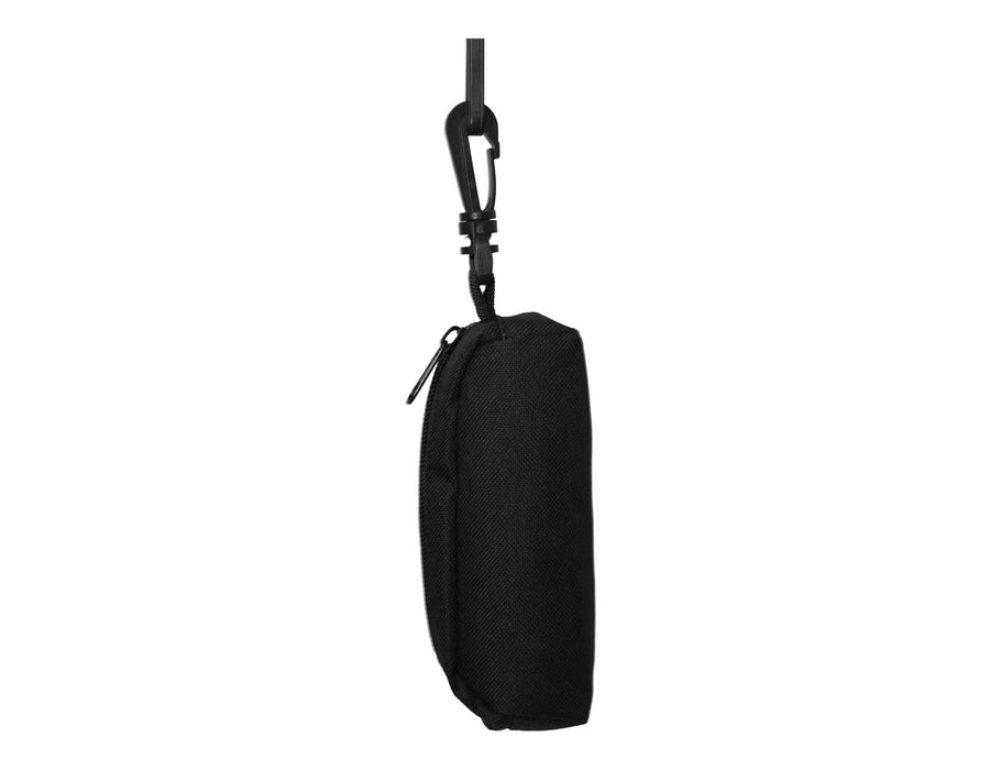 Links Golf Pack - A black zippered pouch with a clip attached, hanging from a hook.