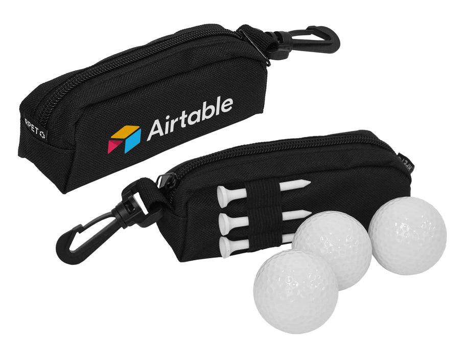 Links Golf Pack - A black pouch with a logo, containing three golf balls and three white tees.