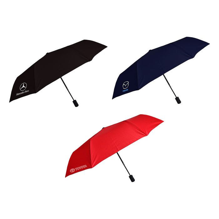 Poppins Umbrella - Three umbrellas in black, navy blue, and red, each featuring a different logo on the canopy.