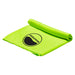 Cooling Towel - A bright green cooling towel, rolled slightly, featuring a logo on the surface.