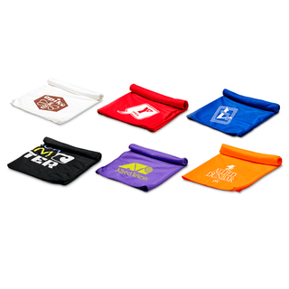 Cooling Towel - A set of six cooling towels in various colours: white, red, blue, black, purple, and orange, each with a logo.