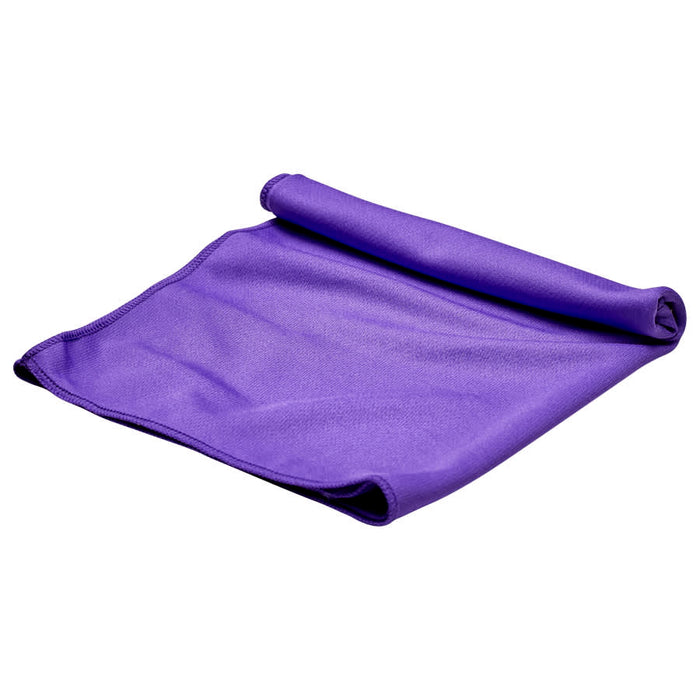 Cooling Towel - A purple cooling towel with a rolled edge, designed for leisure and outdoor activities. It features a logo.