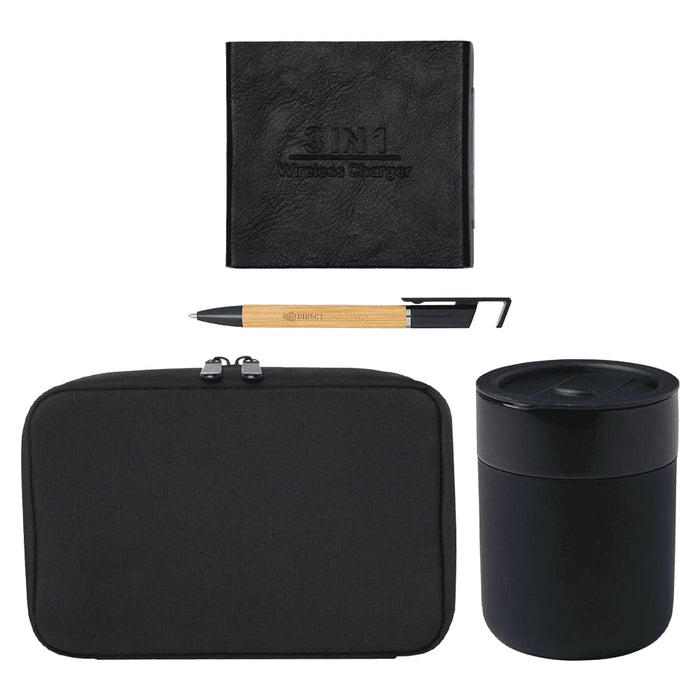 Branded Tech Kit Gift Pack - A black tech kit featuring a wireless charger, pen, and a sleek container. Includes a zipped pouch for storage.