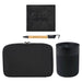 Branded Tech Kit Gift Pack - A black tech kit featuring a wireless charger, pen, and a sleek container. Includes a zipped pouch for storage.