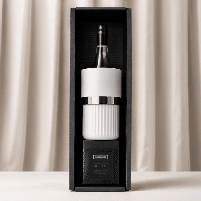 The Entertainer Set - A wine bottle in a white and silver insulated cooler, displayed in a black box.