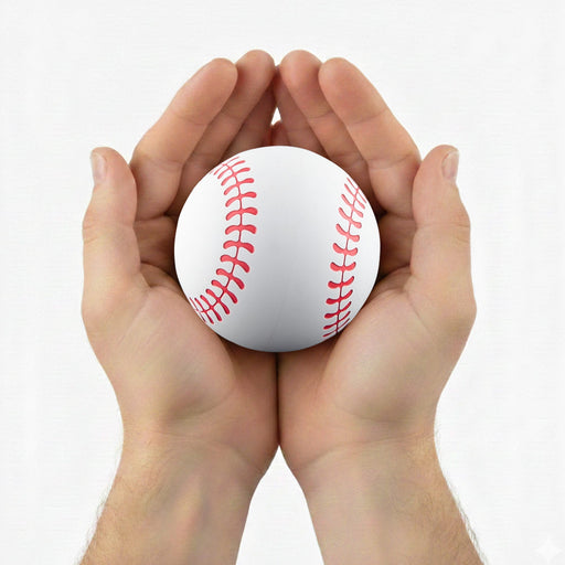 High Bounce Base Ball - A white baseball with red stitching held between two hands. The hands are open, supporting the ball gently.