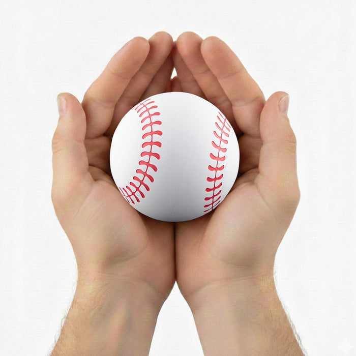 High Bounce Base Ball - A white baseball with red stitching held between two hands. The hands are open, supporting the ball gently.