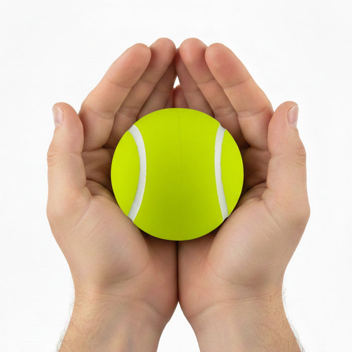 High Bounce Tennis Ball - A bright yellow tennis ball is held gently between two hands. The ball features white stripes.