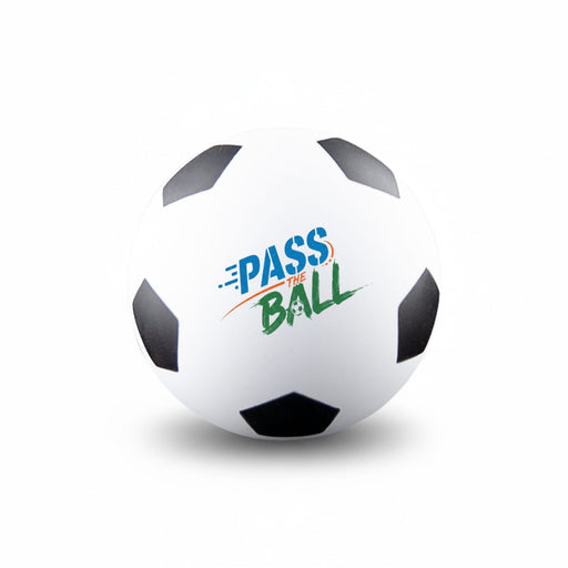 High Bounce Soccer Ball - A white high bounce soccer ball with black patches and a logo featuring the words "PASS THE BALL."