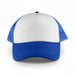 White Front 5 Panel Trucker Mesh Cap - A white front trucker mesh cap with a blue brim and blue mesh sides, featuring a logo.