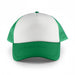 White Front 5 Panel Trucker Mesh Cap - A green and white trucker cap featuring a solid front panel and mesh sides, complete with a logo.
