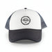 White Front 5 Panel Trucker Mesh Cap - A white and grey 5 panel trucker mesh cap with a logo on the front and a curved peak.