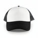 White Front 5 Panel Trucker Mesh Cap - A white front trucker cap with black peak and mesh grey sides, featuring a logo on the front.