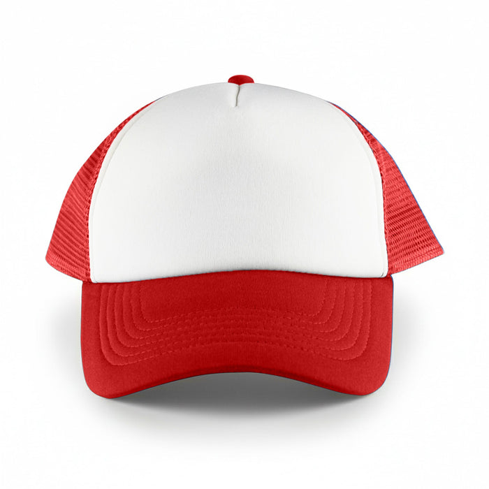 White Front 5 Panel Trucker Mesh Cap - A white front trucker cap with red mesh sides and a red visor. It features a logo on the front.