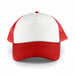 White Front 5 Panel Trucker Mesh Cap - A white front trucker cap with red mesh sides and a red visor. It features a logo on the front.