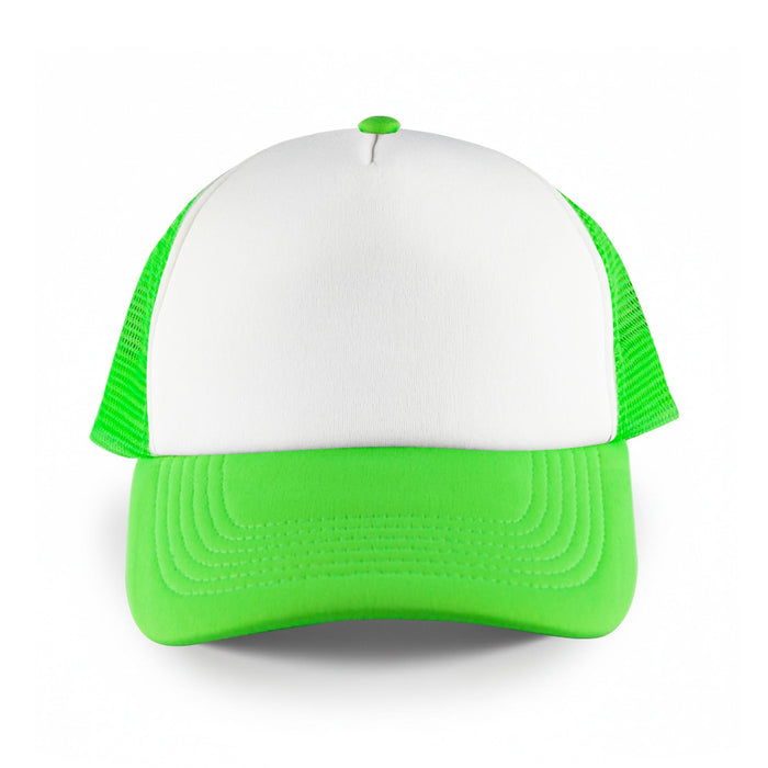 White Front 5 Panel Trucker Mesh Cap - A trucker mesh cap featuring a white front and bright green visor and mesh sides, with a logo on the front.