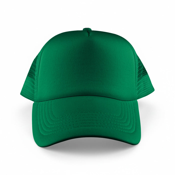 Classic 5 Panel Trucker Mesh Cap - A green 5-panel trucker mesh cap featuring a solid front and mesh side panels. It has a logo on the front.