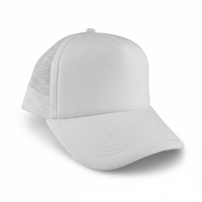 Classic 5 Panel Trucker Mesh Cap - A white classic 5-panel trucker mesh cap with a solid front and mesh sides, featuring a logo.