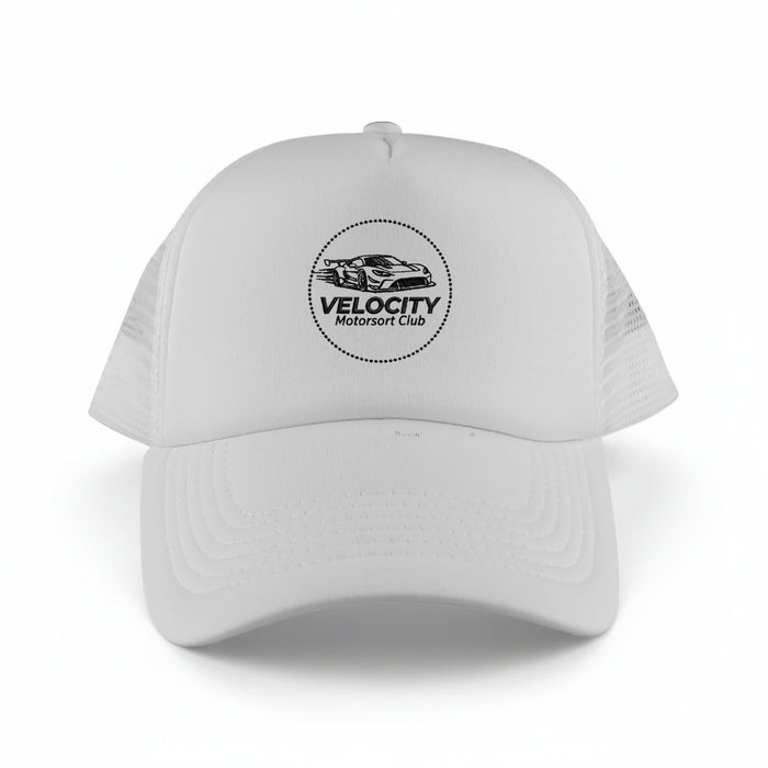 Classic 5 Panel Trucker Mesh Cap - A white classic 5 panel trucker mesh cap featuring a logo on the front. The back is made of mesh fabric.