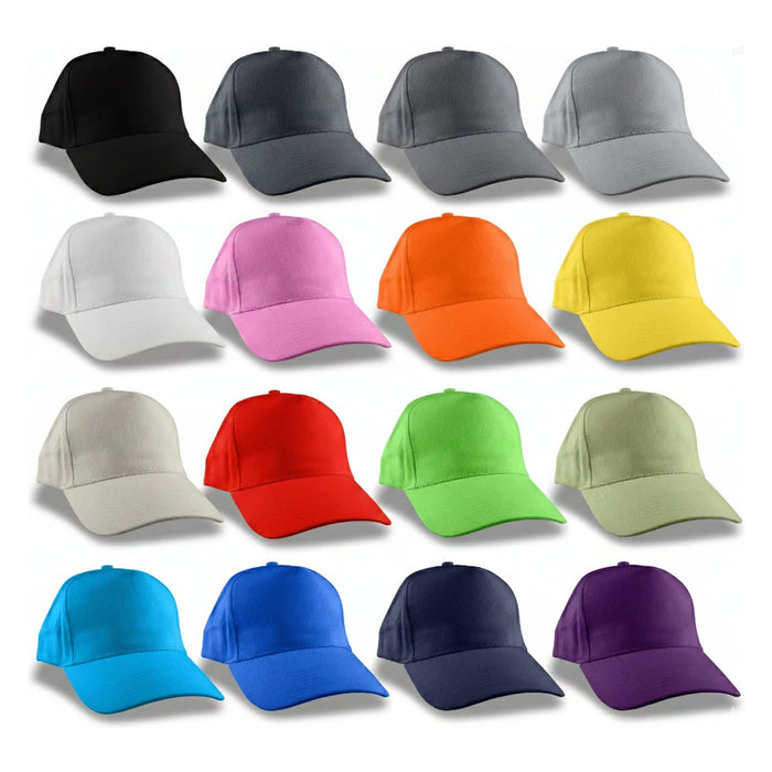 Flexi Cap - A collection of caps in various colours, including black, grey, white, pink, orange, yellow, green, blue, and purple. Each cap has a logo.