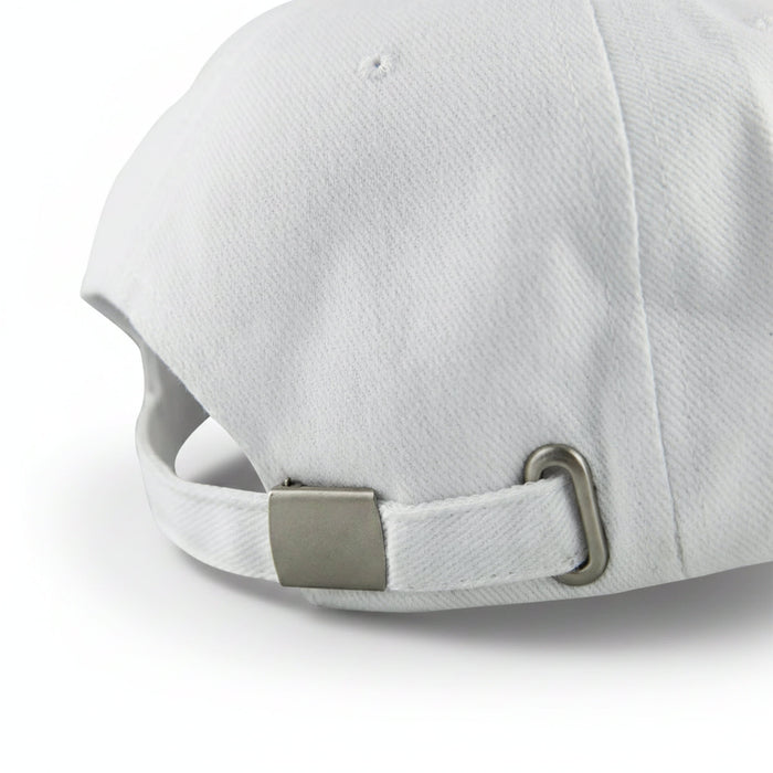 Flexi Cap - A white cap with a metal clasp at the back and a textured fabric finish. It features a branding logo.