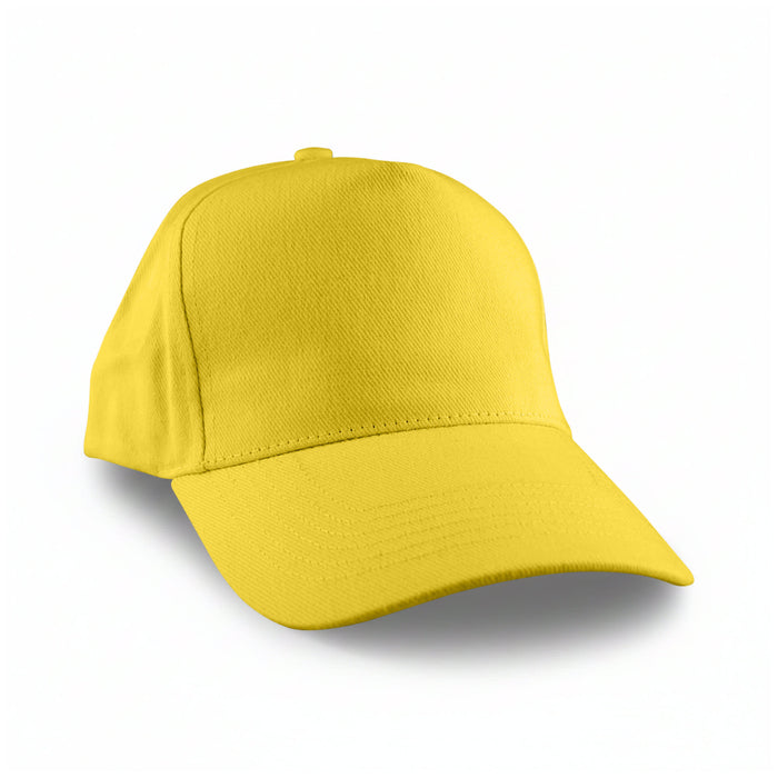 Flexi Cap - A yellow cap with a curved brim and structured crown, featuring a logo on the front.