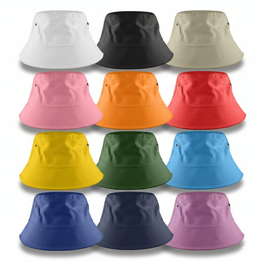 Long Beach Bucket Hat – Large - A collection of bucket hats in various colours: white, black, beige, pink, orange, red, yellow, green, blue, and purple. Each hat has a logo.