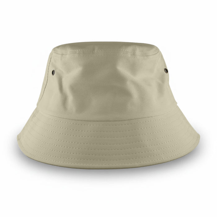 Long Beach Bucket Hat – Large - A beige bucket hat with ventilation eyelets and a wide brim. It features a logo on one side.