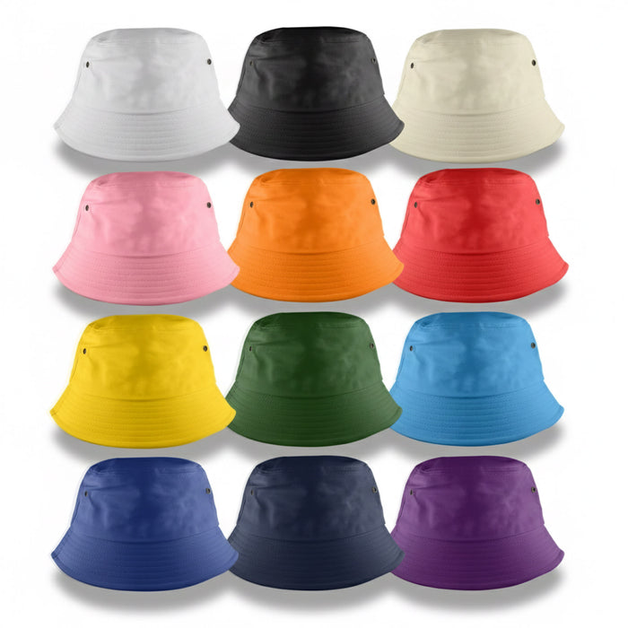 Long Beach Bucket Hat – Medium - A collection of bucket hats in various colours, including black, pink, orange, green, and blue, with logo branding.