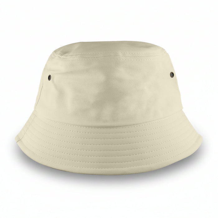 Long Beach Bucket Hat – Medium - A medium, beige bucket hat featuring ventilation eyelets and a flat brim. It has a branding logo.