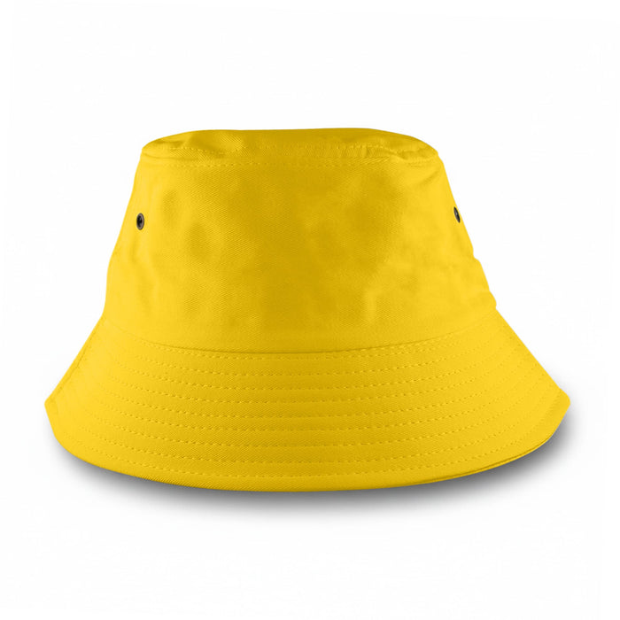 Long Beach Bucket Hat – Small - A yellow bucket hat with a wide brim and ventilation holes. It has a smooth texture and a simple design.
