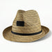 Panama Straw Hat - A Panama straw hat in a natural tan colour with a black band and a patch on the side.