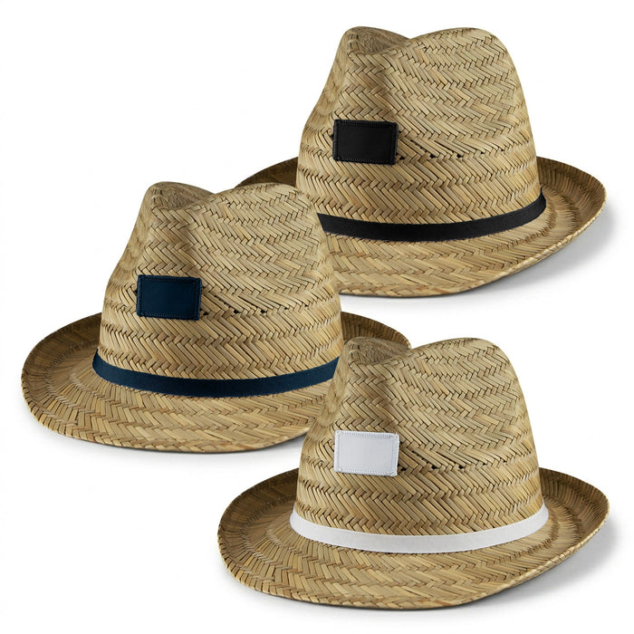 Panama Straw Hat - A set of three Panama straw hats in natural straw colour, featuring black, navy, and white bands. Each hat has a logo.