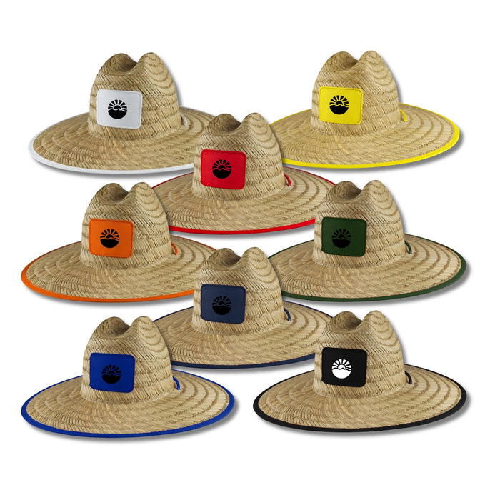 Beach Straw Hat - A collection of straw hats in various colours, featuring a logo on the front, arranged in a grid pattern.