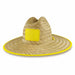 Beach Straw Hat - A straw beach hat in natural tones with a bright yellow trim and an empty logo area.