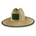 Beach Straw Hat - A straw hat in natural tones with a wide green brim and a square patch on the front.