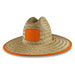 Beach Straw Hat - A straw hat featuring a wide brim, a natural weave, and an orange trim with a square logo.