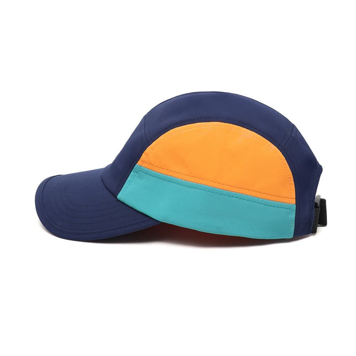 8-Panel Hard Peak Cap - An 8-panel cap featuring a navy base with orange and teal accents. Includes a logo on the side.