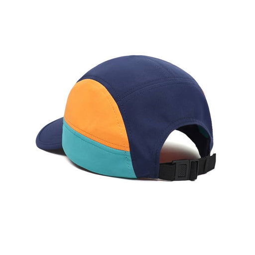 8-Panel Hard Peak Cap - A multicoloured 8-panel cap in navy, orange, and teal with an adjustable strap at the back.