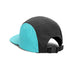 6-Panel Soft Peak Cap - A 6-panel cap featuring a black and turquoise design with an adjustable strap at the back.