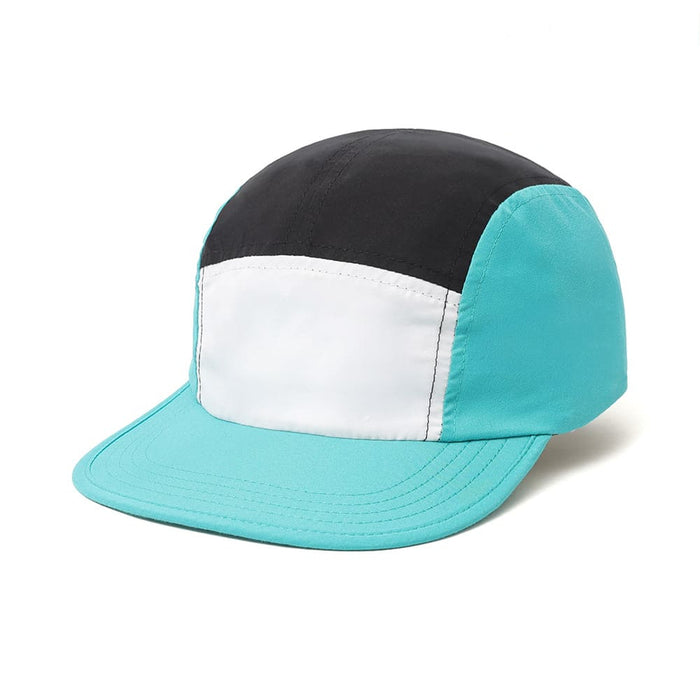 6-Panel Soft Peak Cap - A 6-panel cap in turquoise, black, and white with a branded logo on the front.