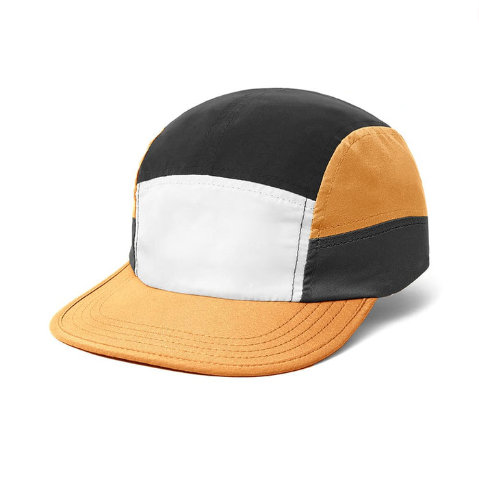 8-Panel Soft Peak Cap - A cap with an 8-panel design in black, orange, and white, featuring a logo.