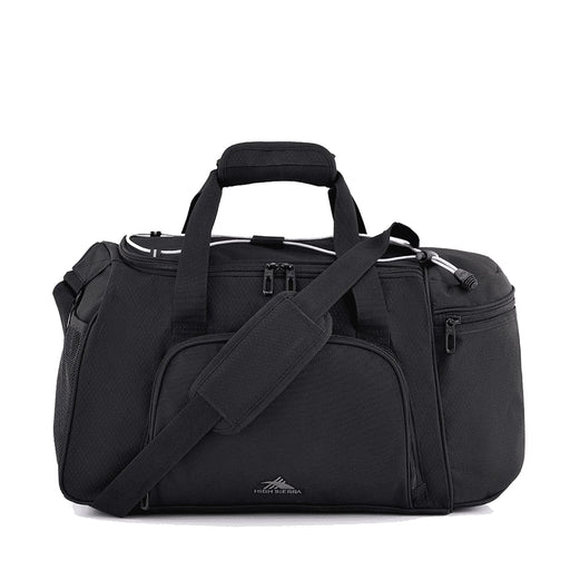 High Sierra Travel Duffel - A black travel duffel bag with multiple compartments, carrying handles, and a detachable shoulder strap. It features a logo.
