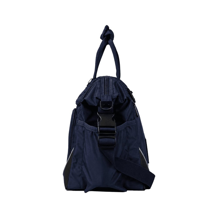 High Sierra Crib Bag - A navy blue bag with a top handle, adjustable strap, and zippered compartments, featuring a logo.