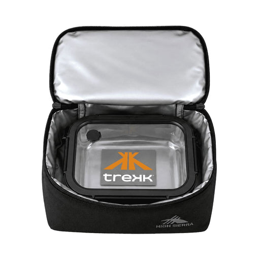 High Sierra Lunch Bag - A black insulated lunch bag with a silver interior, featuring a transparent container inside and a logo.