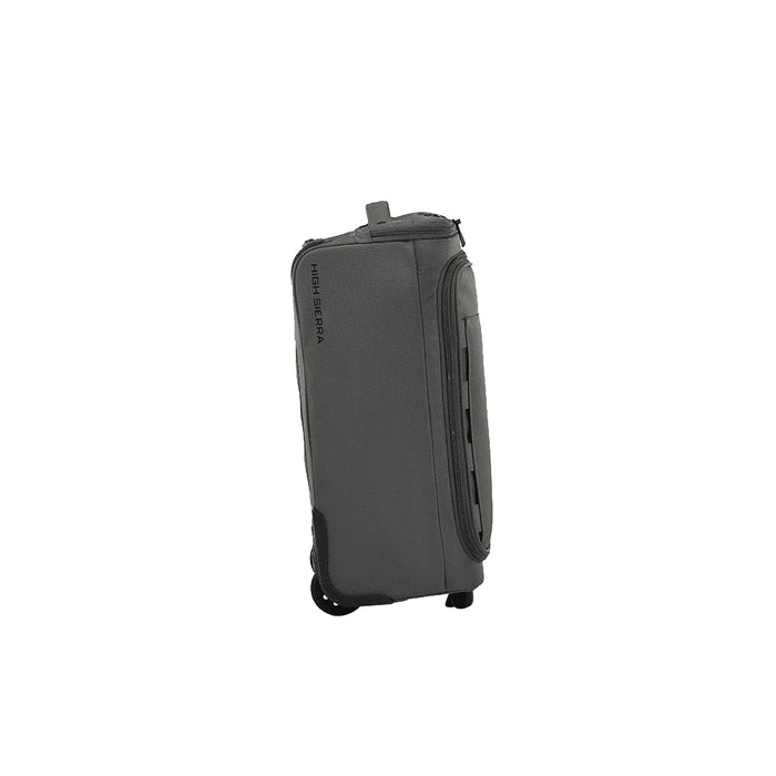 High Sierra Cross Season Pro Wheeled Duffle (55cm) - A wheeled duffle bag in grey with a zippered closure and a branding logo. Features side handles and wheels for easy transport.