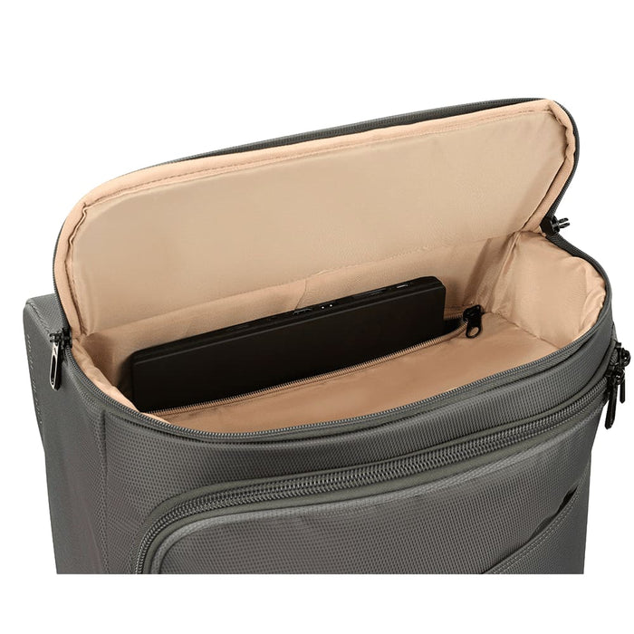 High Sierra Cross Season Pro Wheeled Duffle (55cm) - A grey wheeled duffle bag with an open top revealing a tan interior and a black item inside. It has a logo.