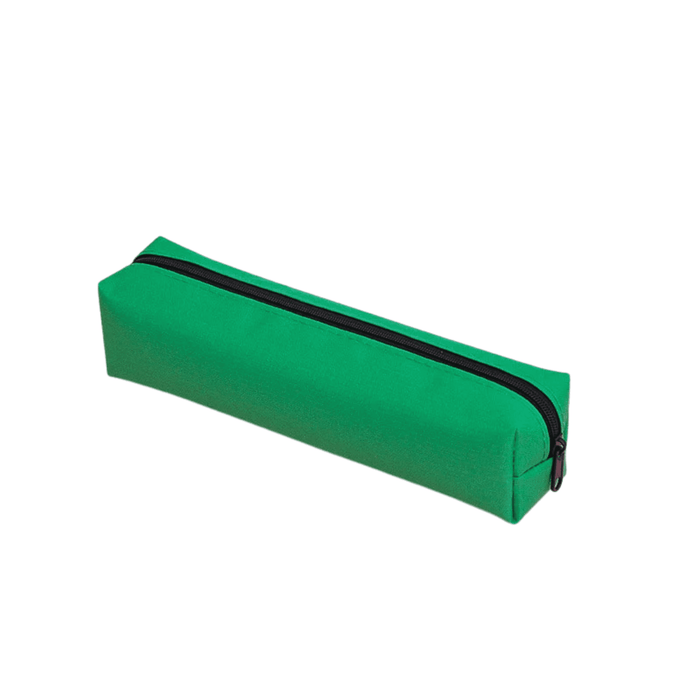 Polyester Pencil Case - A green polyester pencil case with a zip closure, featuring a simple design. It has a branding logo.